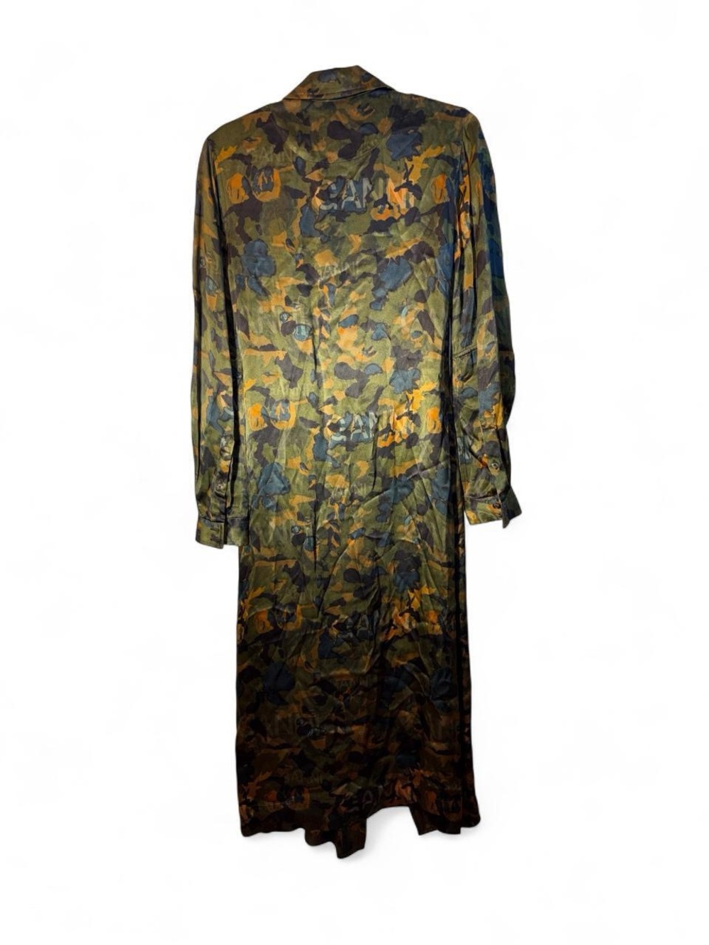Ganni Satin Camo Wrap Midi Dress - Olive, Black, Brown - Picture 6 of 12